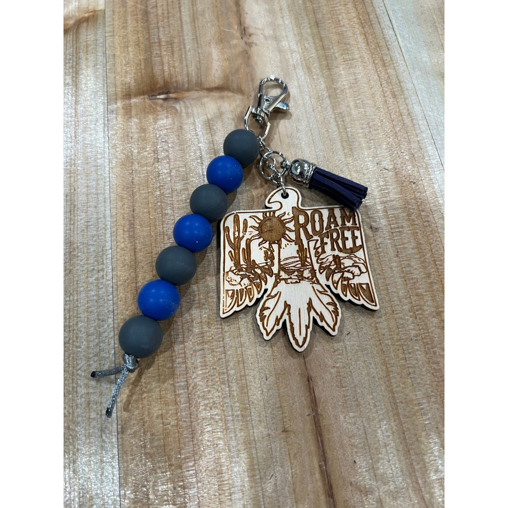 Roam Free Blue and Gray Silicone Bead Lobster Clasp Keychain‎ Purse Charm Wood